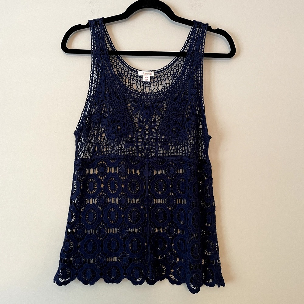 100% Cotton Meshy Open Knit Crochet Tank Navy Size M Boho Y2K Festival Layering